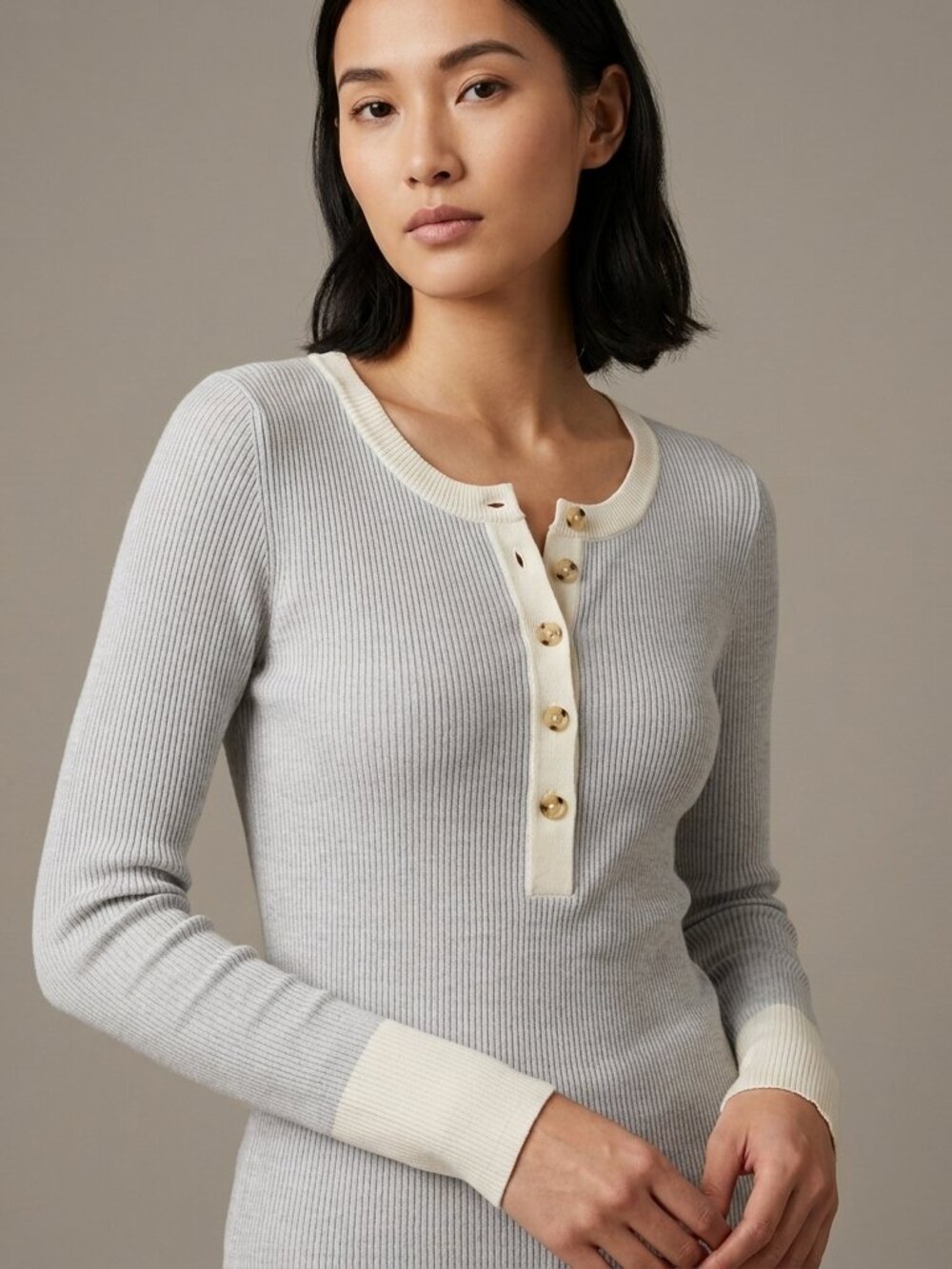 Faherty Mikki Henley Sweater Size Large Gray Ribbed Organic Cotton Cashmere